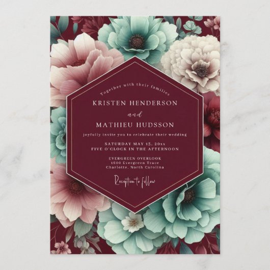 Maroon & Teal Autumnal Bloom Wedding Kaart (Voorkant)