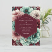 Maroon & Teal Autumnal Bloom Wedding Kaart (Staand voorkant)