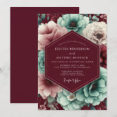 Maroon & Teal Autumnal Bloom Wedding Kaart (Voorkant / Achterkant)
