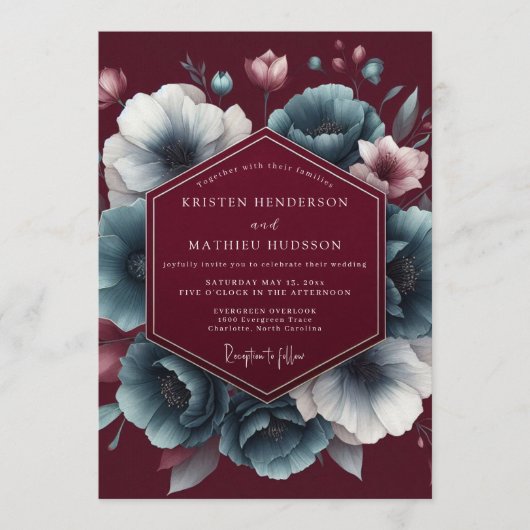 Maroon Teal Chiaroscuro Wedding Kaart (Voorkant)