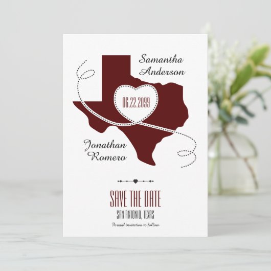 Maroon Texas Curling Ribbon Save the Date (Staand voorkant)