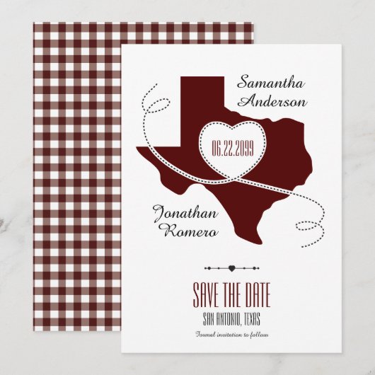 Maroon Texas Curling Ribbon Save the Date (Voorkant / Achterkant)