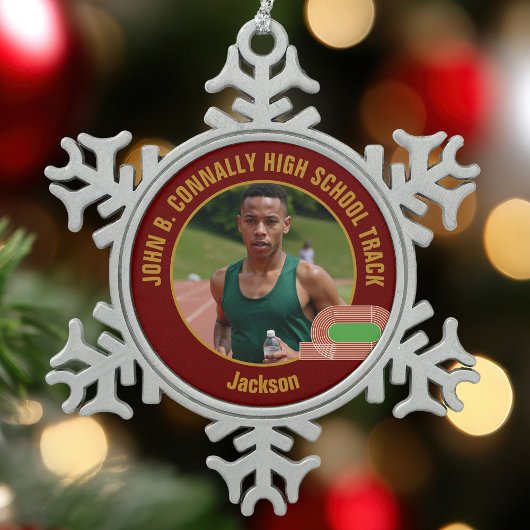 Maroon Track & Field Photo High School Runner Tin Sneeuwvlok Ornament