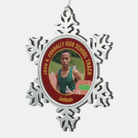 Maroon Track & Field Photo High School Runner Tin Sneeuwvlok Ornament (Rechts)