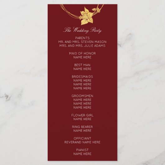Maroon van Burgundy Gold Floral Event Wedding Prog Programmakaart (Achterkant)