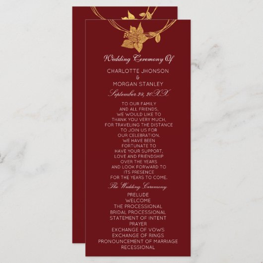 Maroon van Burgundy Gold Floral Event Wedding Prog Programmakaart (Voorkant / Achterkant)