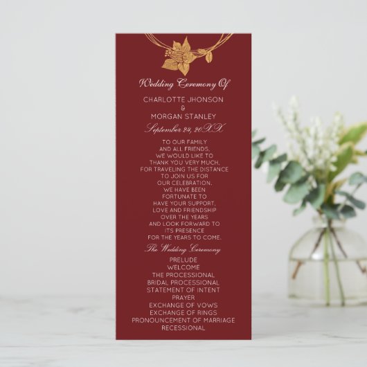Maroon van Burgundy Gold Floral Event Wedding Prog Programmakaart (Staand voorkant)