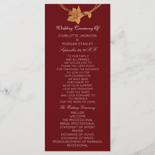 Maroon van Burgundy Gold Floral Event Wedding Prog Programmakaart (Voorkant)