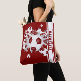 Maroon voetballen met haar naam varsity stripes tote bag