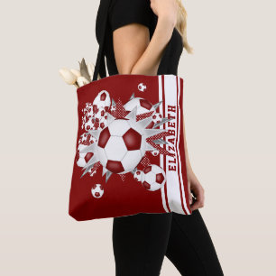 Maroon voetballen met haar naam varsity stripes tote bag