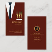 Maroon Waiter Suit Golden Fork Knife Spoon Visitekaartje (Voorkant / Achterkant)