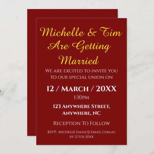 Maroon Wedding Invitation | Elegant  Kaart (Voorkant / Achterkant)