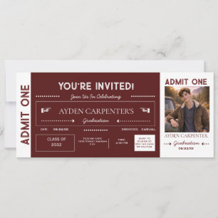 Maroon & White Afstudeer Faux Ticket   Kaart