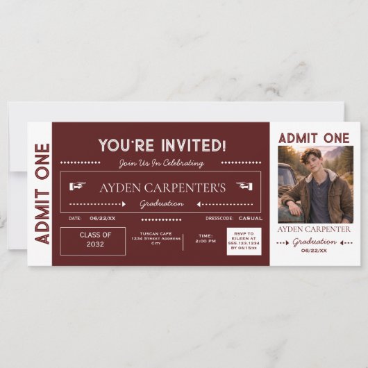 Maroon & White Afstudeer Faux Ticket | Kaart (Voorkant)