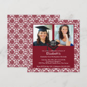 Maroon & White Damask Foto Afstuderen Uitnodiging (Voorkant / Achterkant)