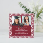 Maroon & White Damask Foto Afstuderen Uitnodiging (Staand voorkant)