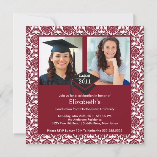 Maroon & White Damask Foto Afstuderen Uitnodiging (Voorkant)