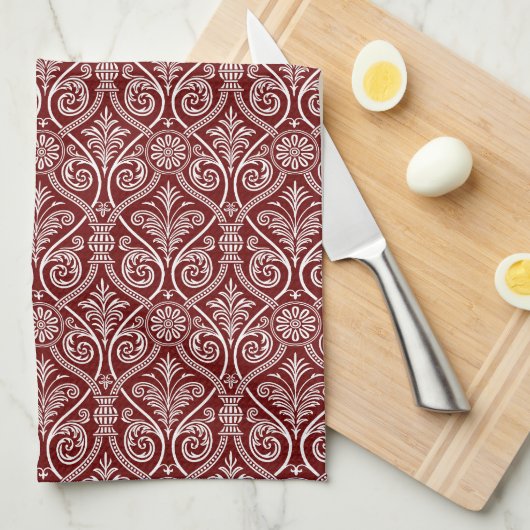 Maroon & White Damask Kitchen Towel Theedoek (Quarter Fold)