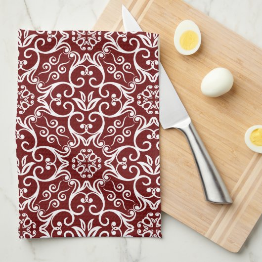 Maroon & White Damask Kitchen Towel Theedoek (Quarter Fold)