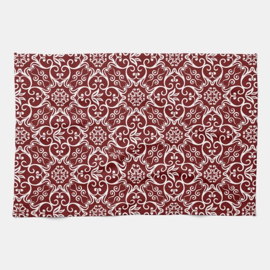 Maroon & White Damask Kitchen Towel Theedoek (Horizontaal)