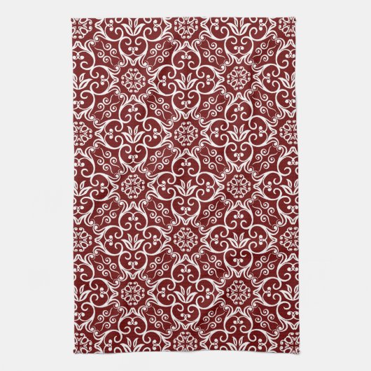 Maroon & White Damask Kitchen Towel Theedoek (Verticaal)