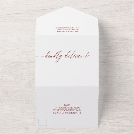 Maroon White Delicate Calligraphy Wedding All In One Uitnodiging (Buitenkant)