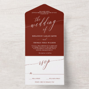 Maroon White Delicate Calligraphy Wedding All In One Uitnodiging