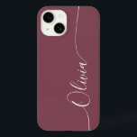 Maroon White Elegant Calligraphy Script Name Case-Mate iPhone 14 Hoesje<br><div class="desc">Maroon Elegant White Calligraphy Script Custom Personalized Name iPhone 14 Smart Phone Case kenmerkt een modern en trendy eenvoudig en stijlvol ontwerp met uw gepersonaliseerde naam in elegante handgeschreven kalligrafiekscript typografie op een maroon achtergrond. Ontworpen door ©Evco Studio www.zazzle.com/store/evcostudio</div>