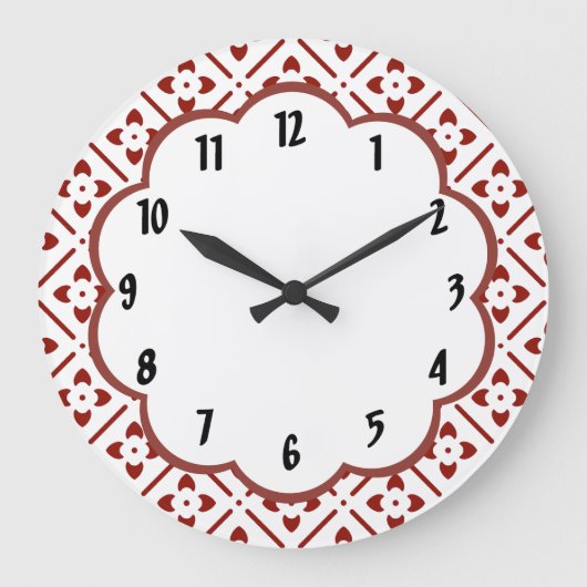 Maroon White Floral Retro Pattern Wall klok (Voorkant)