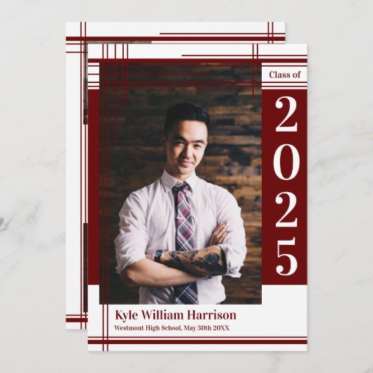 Maroon White School Colour Afstuderen Foto geplakt Kaart (Voorkant / Achterkant)