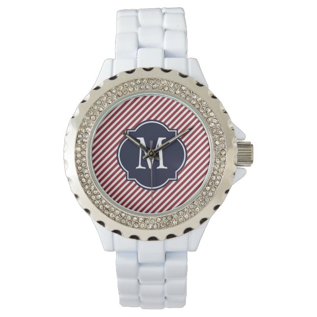 Maroon & White Striped Pattern Horloge (Voorkant)