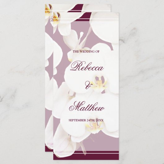 Maroon wijn en witte orchidee huwelijksprogramma programmakaart (Voorkant / Achterkant)