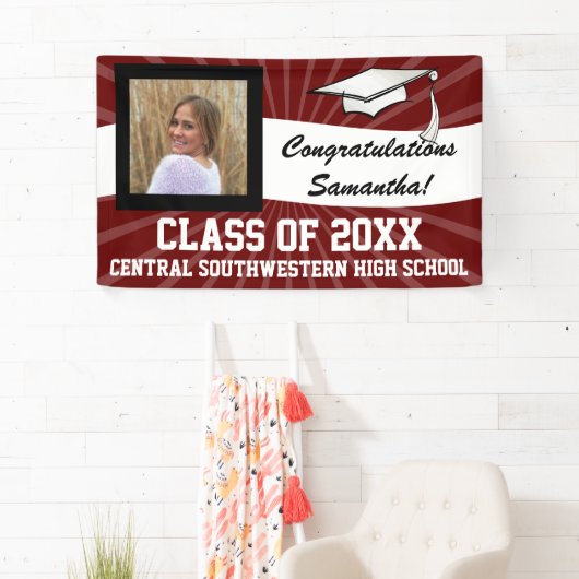 Maroon Wit Aangepaste Foto Afstuderen Teken Spandoek (Insitu)
