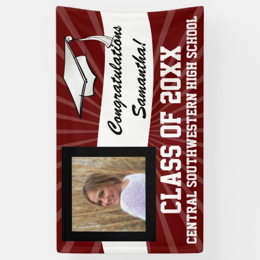Maroon Wit Aangepaste Foto Afstuderen Teken Spandoek (Verticaal)
