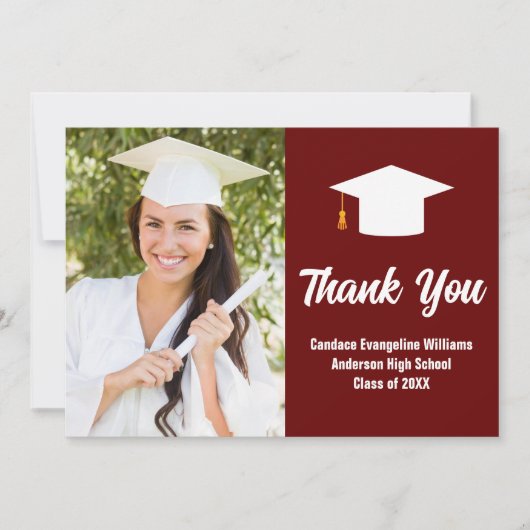 Maroon Wit Afstuderen Foto gepersonaliseerd Bedankkaart (Voorkant)