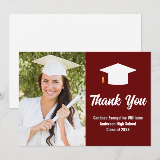 Maroon Wit Afstuderen Foto gepersonaliseerd Bedankkaart (Voorkant / Achterkant)