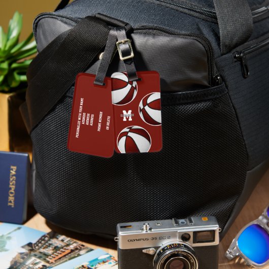 Maroon wit basketbal reizen team kleuren bagagelabel (Voorkant /achterkant)