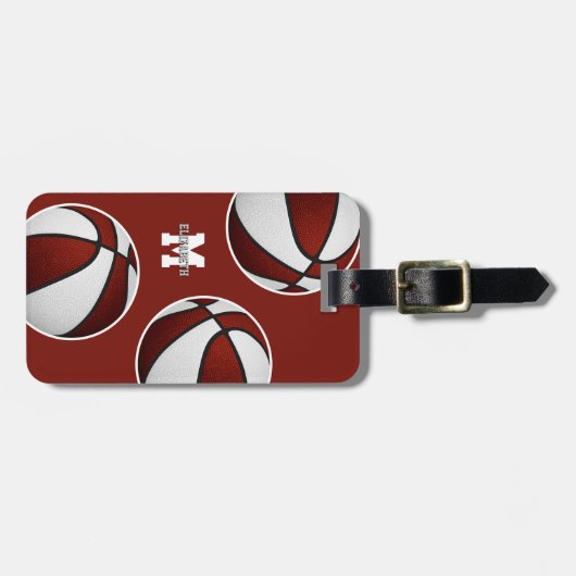 Maroon wit basketbal reizen team kleuren bagagelabel (Voorkant horizontaal)
