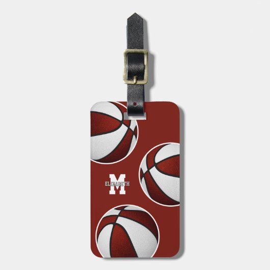Maroon wit basketbal reizen team kleuren bagagelabel (Voorkant verticaal)