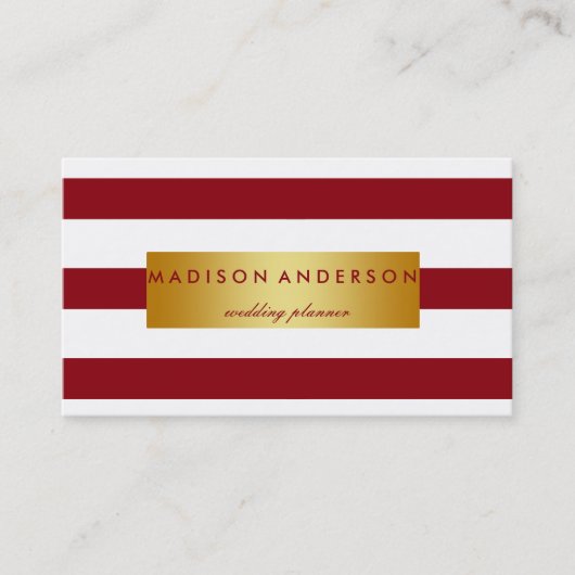 Maroon & Wit Chique Strepen in Goud Visitekaartje (Voorkant)
