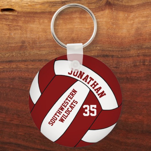 Maroon wit gepersonaliseerd jongens volleybal sleutelhanger (Achterkant)
