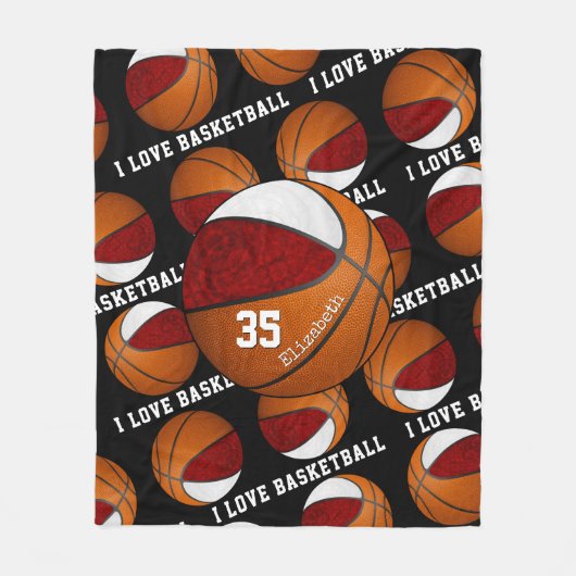 maroon-wit Ik hou van basketbalmeiden Fleece Deken (Voorkant)