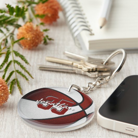 maroon wit team kleuren jongens basketbal sleutelhanger (Voorkant Rechts)