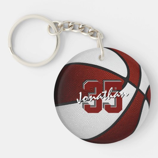 maroon wit team kleuren jongens basketbal sleutelhanger (Voorkant)