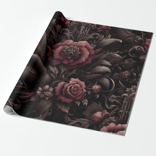 Maroon, wit, zwart bloemencadewikkelpapier cadeaupapier (Uitgerold)