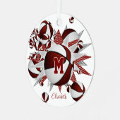 Maroon witte basketballen sterren gepersonaliseerd metalen ornament (Voorkant links)