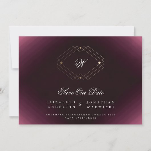 maroon witte deco goudmonogram foto save the date (Voorkant)