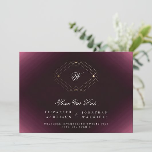 maroon witte deco goudmonogram foto save the date (Staand voorkant)