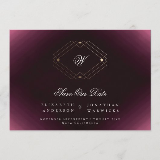 maroon witte deco goudmonogram foto save the date (Voorkant)
