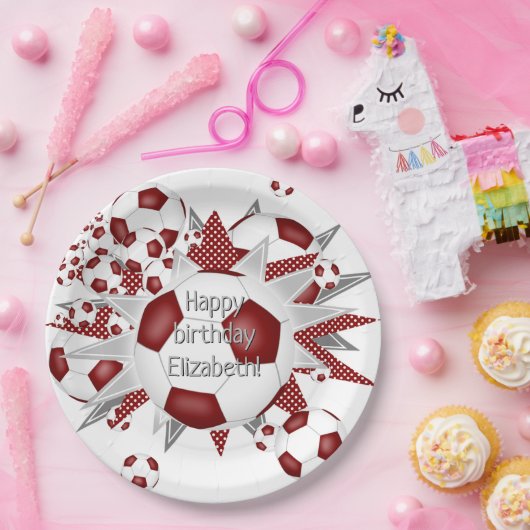 Maroon witte voetballen sterren verjaardag papieren bordje (Feest)